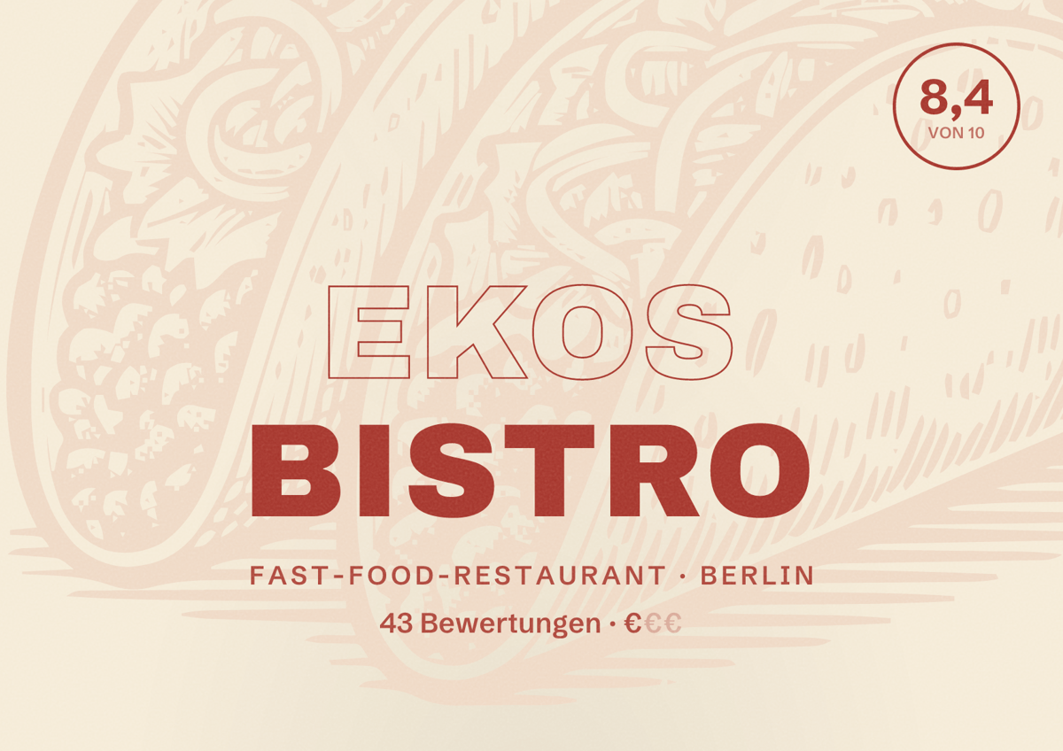 Illustriertes Poster von Ekos Bistro, Fast-Food-Restaurant in Berlin: Bewertung 8,4 von 10 aus 43 Bewertungen, Preisniveau €