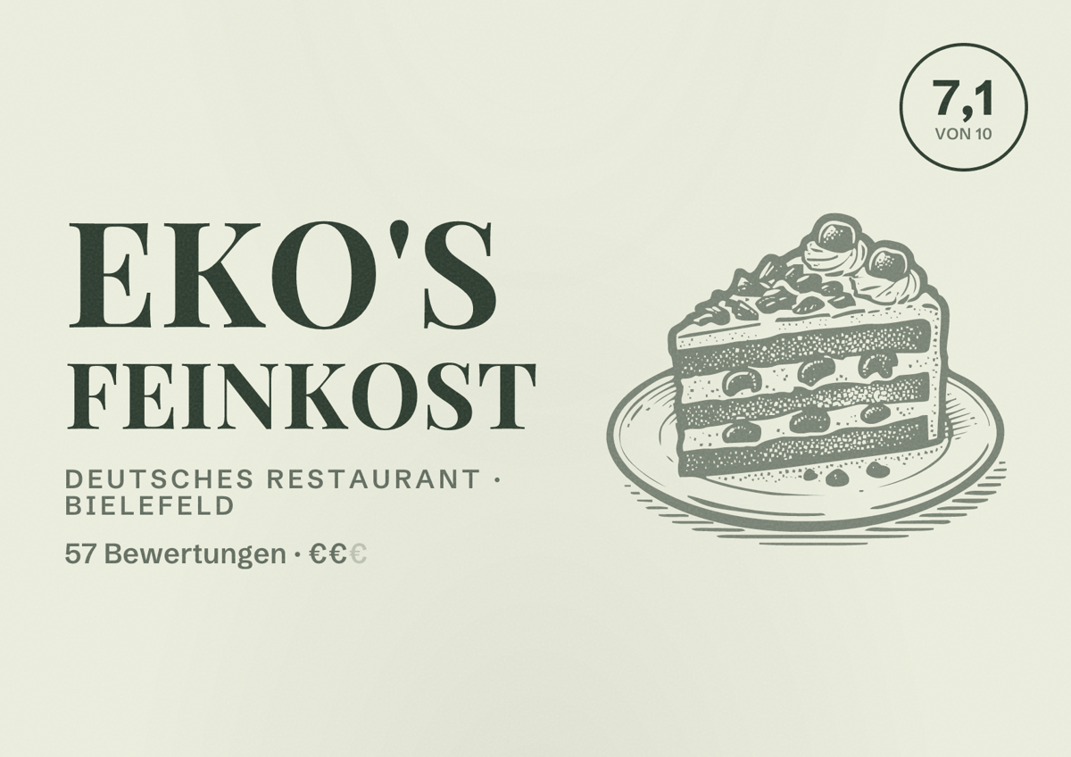 Illustriertes Poster von Eko's Feinkost, Deutsches Restaurant in Bielefeld: Bewertung 7,1 von 10 aus 57 Bewertungen, Preisniveau €€