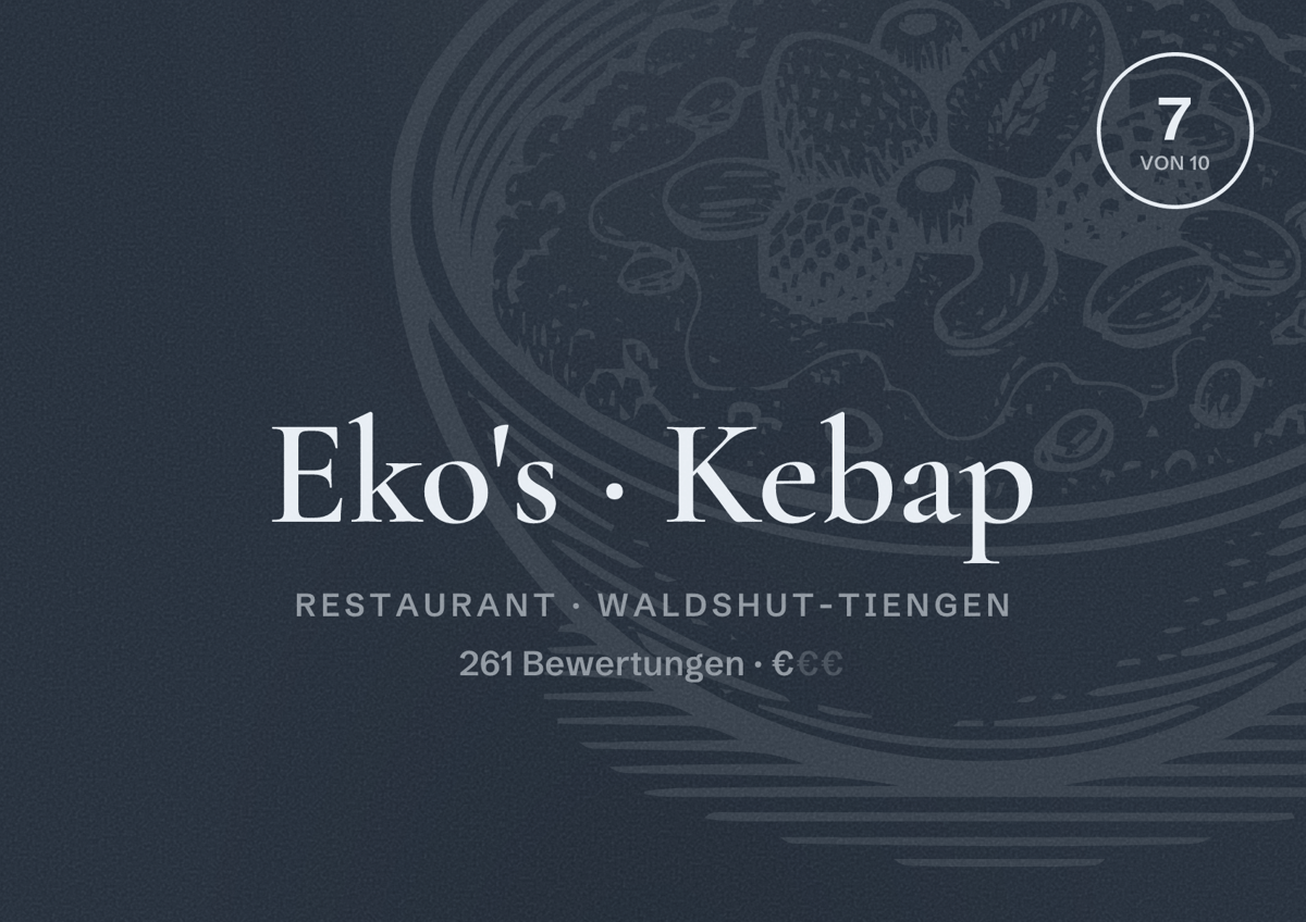 Illustriertes Poster von Eko's Kebap, Restaurant in Waldshut-Tiengen: Bewertung 7 von 10 aus 261 Bewertungen, Preisniveau €