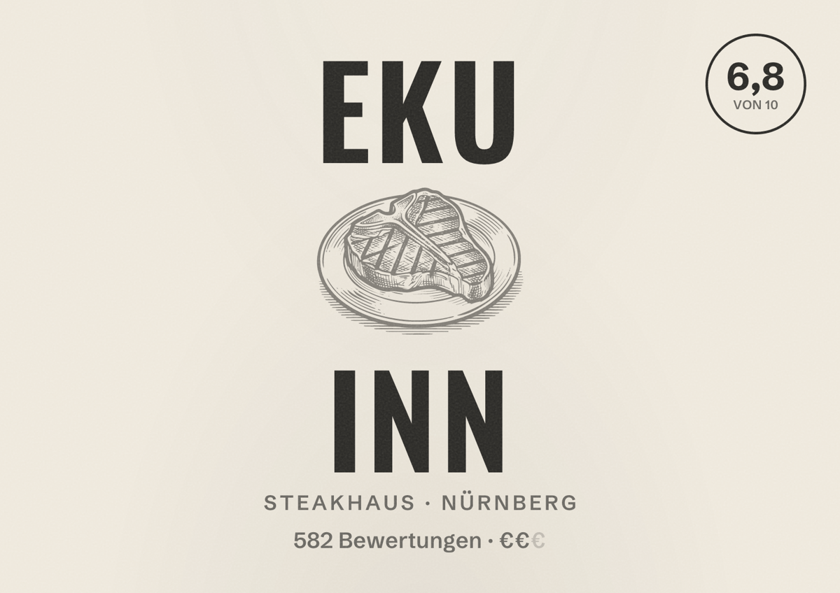 Illustriertes Poster von EKU inn, Steakhaus in Nürnberg: Bewertung 6,8 von 10 aus 582 Bewertungen, Preisniveau €€