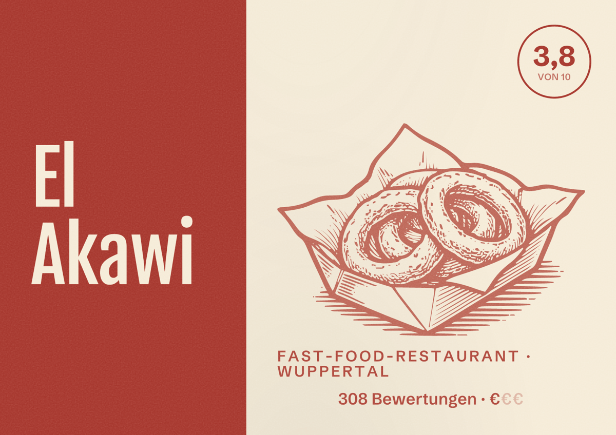 Illustriertes Poster von El Akawi, Fast-Food-Restaurant in Wuppertal: Bewertung 3,8 von 10 aus 308 Bewertungen, Preisniveau €