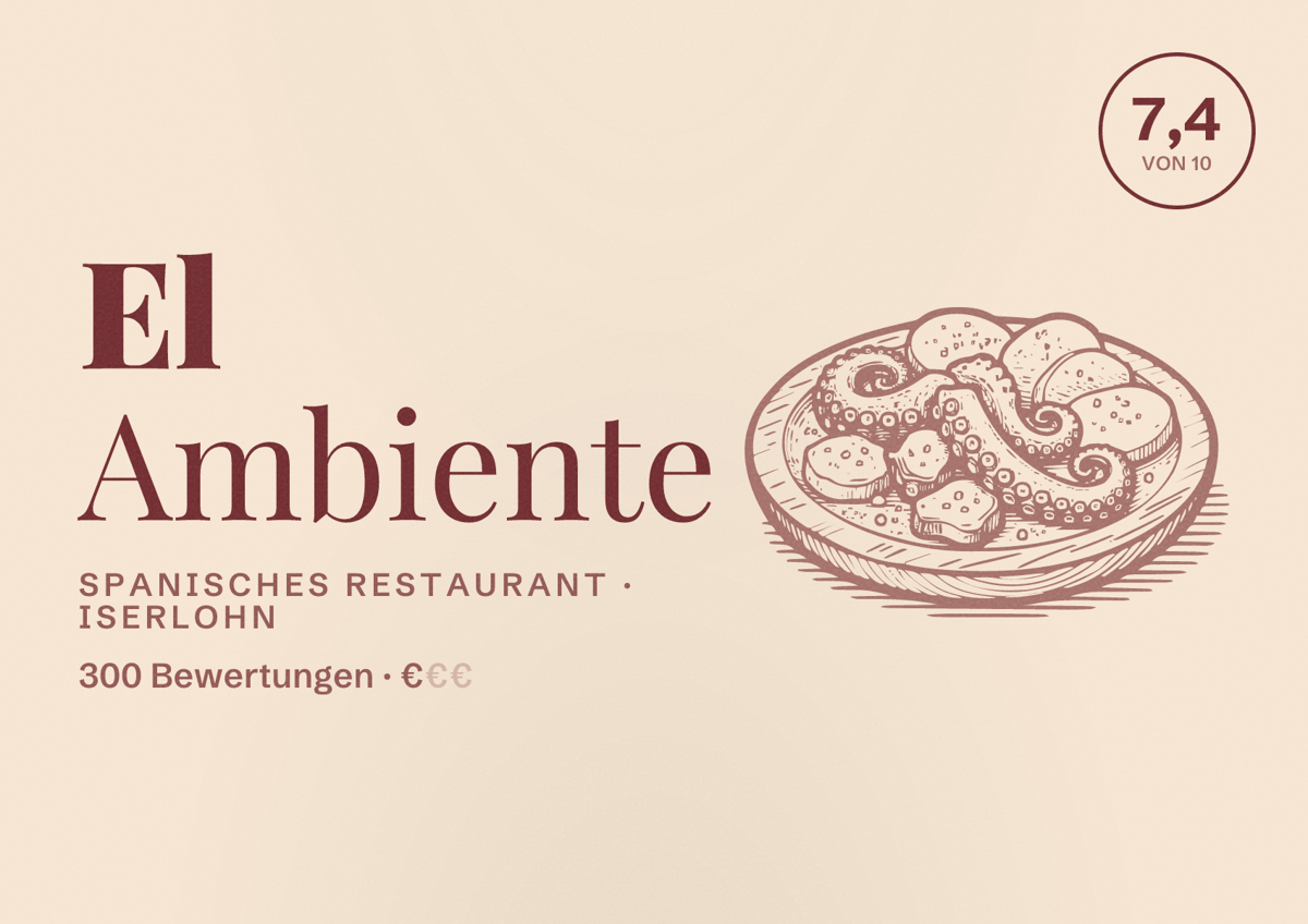 Illustriertes Poster von El Ambiente, Spanisches Restaurant in Iserlohn: Bewertung 7,4 von 10 aus 300 Bewertungen, Preisniveau €