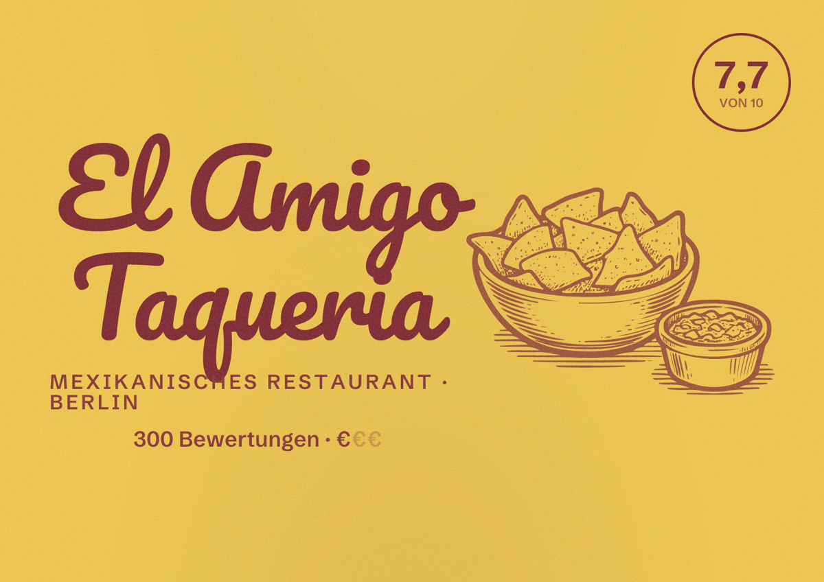 Illustriertes Poster von El Amigo Taqueria, Mexikanisches Restaurant in Berlin: Bewertung 7,7 von 10 aus 300 Bewertungen, Preisniveau €