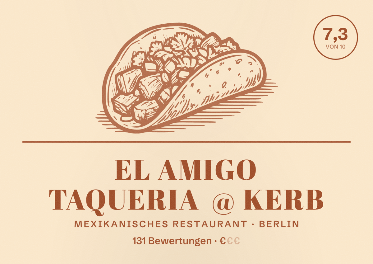 Illustriertes Poster von El Amigo Taqueria @ KERB, Mexikanisches Restaurant in Berlin: Bewertung 7,3 von 10 aus 131 Bewertungen, Preisniveau €