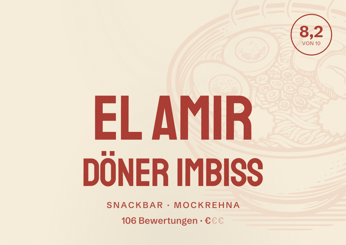 Illustriertes Poster von El Amir Döner Imbiss, Snackbar in Mockrehna: Bewertung 8,2 von 10 aus 106 Bewertungen, Preisniveau €