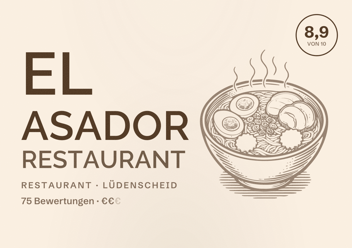 Illustriertes Poster von El Asador Restaurant, Restaurant in Lüdenscheid: Bewertung 8,9 von 10 aus 75 Bewertungen, Preisniveau €€