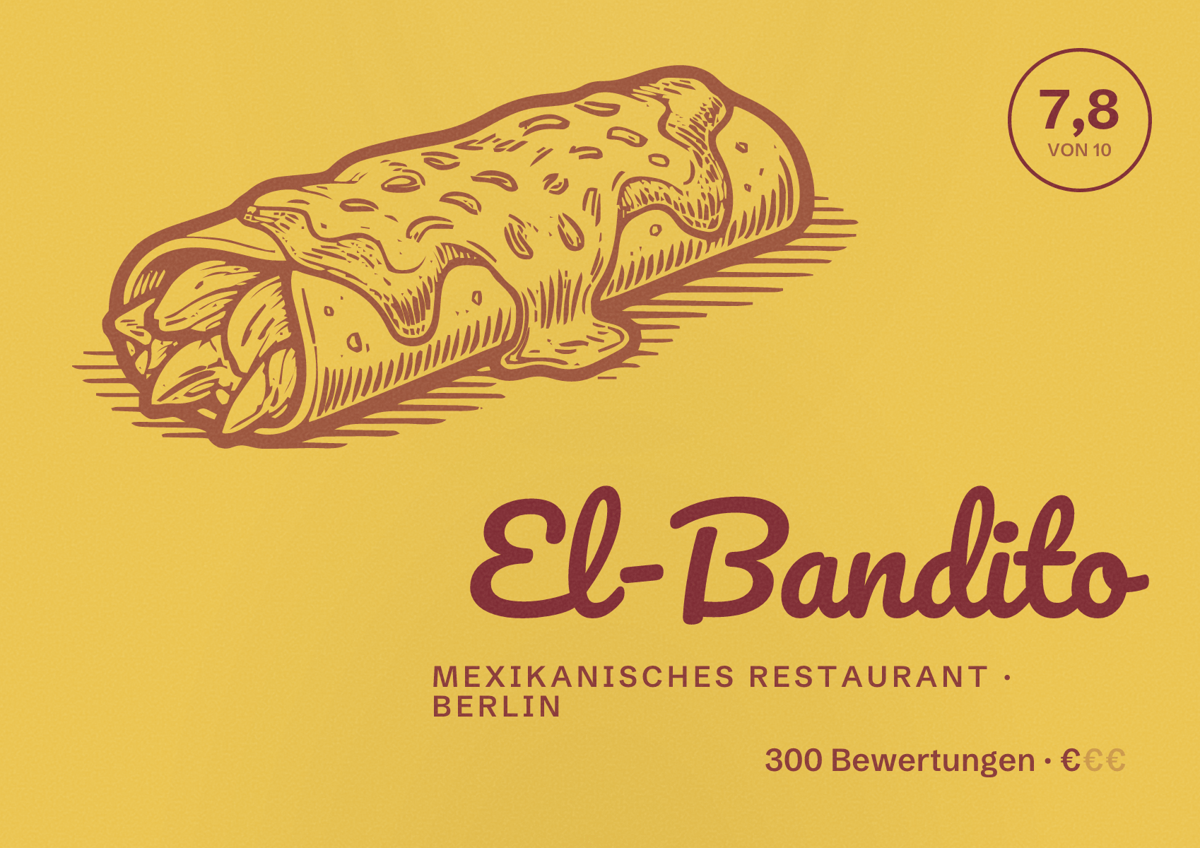 Illustriertes Poster von El-Bandito, Mexikanisches Restaurant in Berlin: Bewertung 7,8 von 10 aus 300 Bewertungen, Preisniveau €
