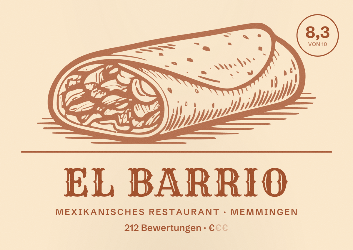 Illustriertes Poster von El Barrio, Mexikanisches Restaurant in Memmingen: Bewertung 8,3 von 10 aus 212 Bewertungen, Preisniveau €