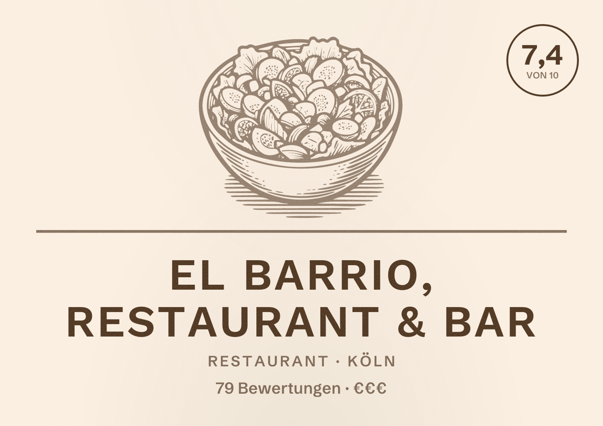 Illustriertes Poster von El Barrio, Restaurant & Bar, Restaurant in Köln: Bewertung 7,4 von 10 aus 79 Bewertungen, Preisniveau €€€