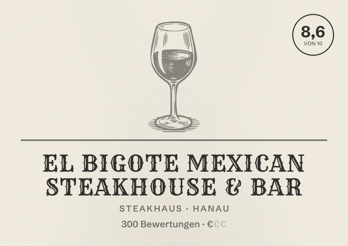 Illustriertes Poster von El Bigote Mexican Steakhouse & Bar, Steakhaus in Hanau: Bewertung 8,6 von 10 aus 300 Bewertungen, Preisniveau €