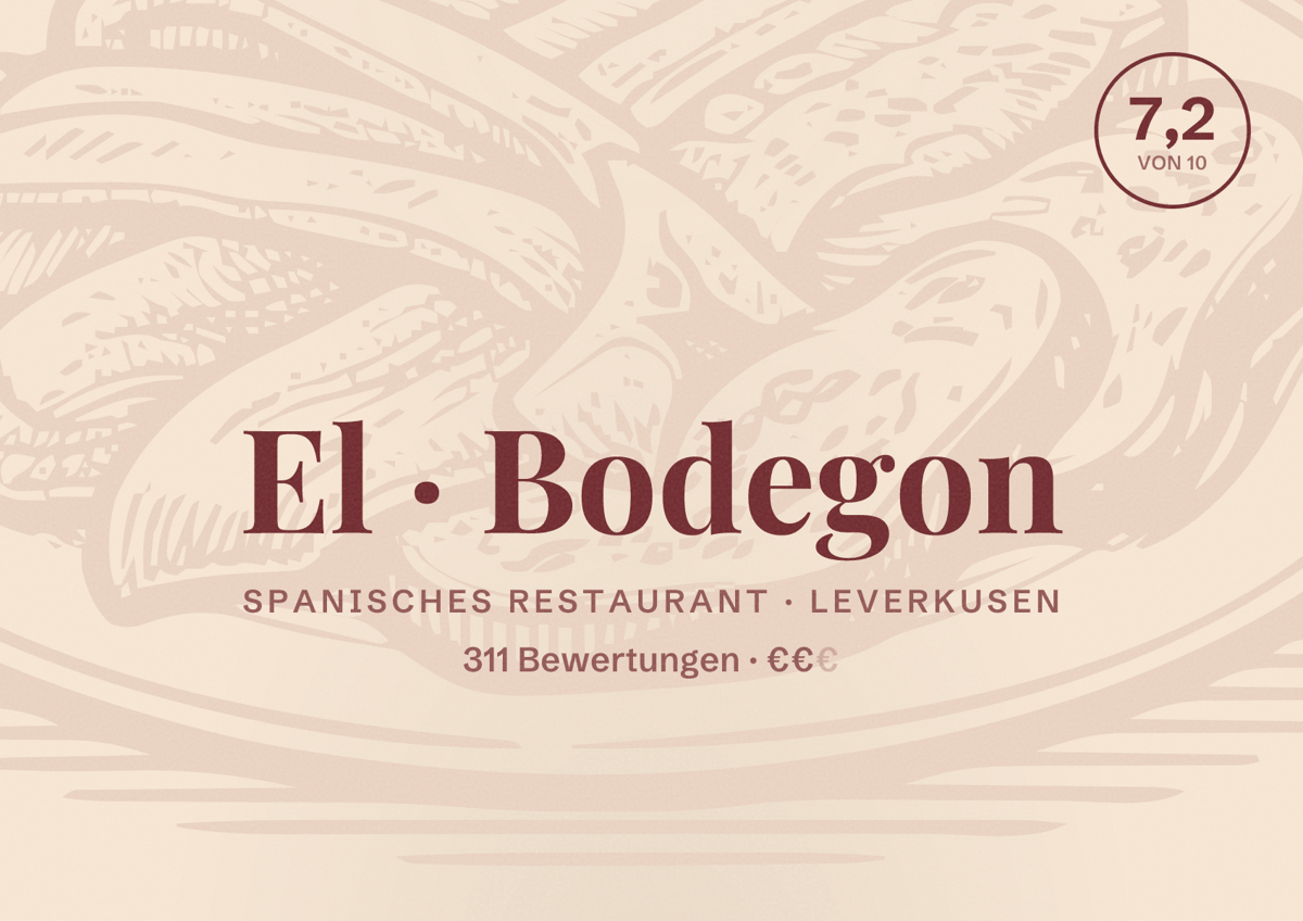 Illustriertes Poster von El Bodegon, Spanisches Restaurant in Leverkusen: Bewertung 7,2 von 10 aus 311 Bewertungen, Preisniveau €€