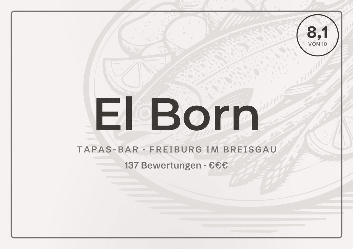 Illustriertes Poster von El Born, Tapas-Bar in Freiburg im Breisgau: Bewertung 8,1 von 10 aus 137 Bewertungen, Preisniveau €€€