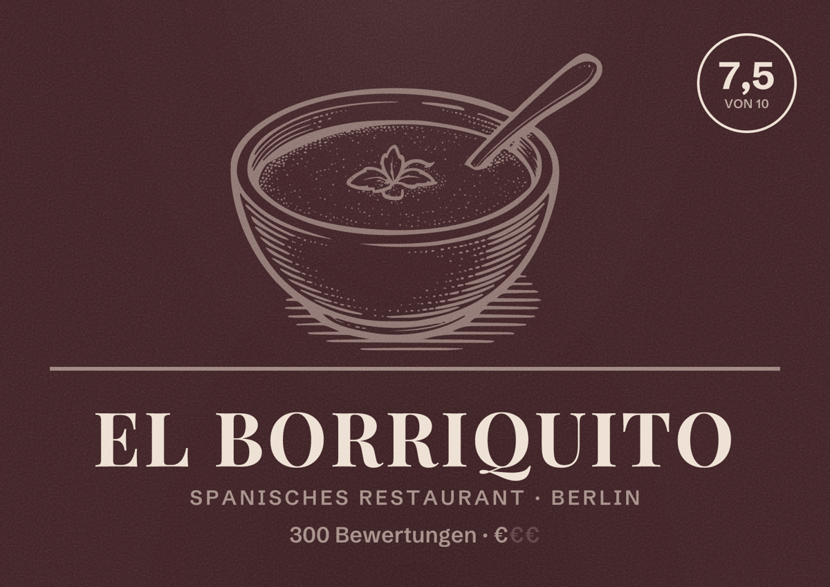 Illustriertes Poster von El Borriquito, Spanisches Restaurant in Berlin: Bewertung 7,5 von 10 aus 300 Bewertungen, Preisniveau €
