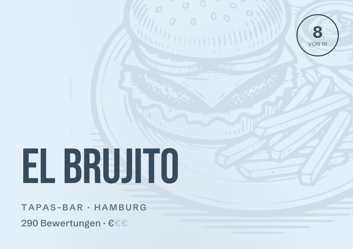 Illustriertes Poster von El Brujito, Tapas-Bar in Hamburg: Bewertung 8 von 10 aus 290 Bewertungen, Preisniveau €