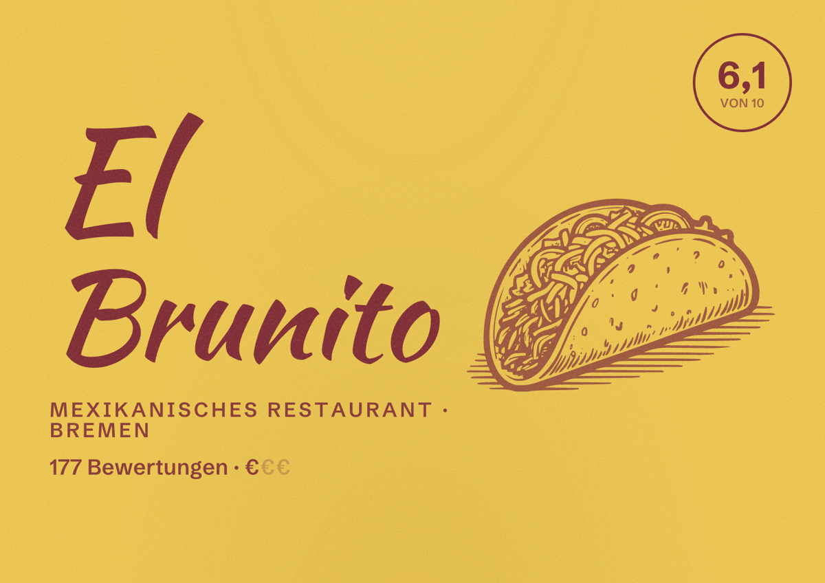 Illustriertes Poster von El Brunito, Mexikanisches Restaurant in Bremen: Bewertung 6,1 von 10 aus 177 Bewertungen, Preisniveau €