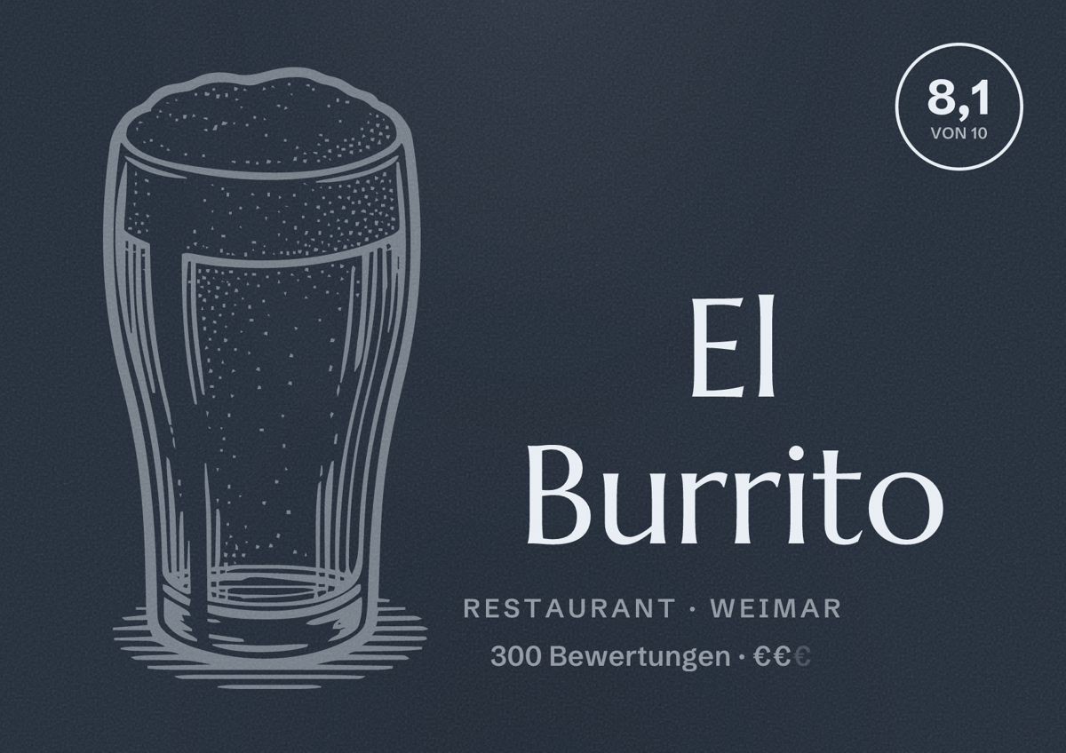Illustriertes Poster von El Burrito, Restaurant in Weimar: Bewertung 8,1 von 10 aus 300 Bewertungen, Preisniveau €€