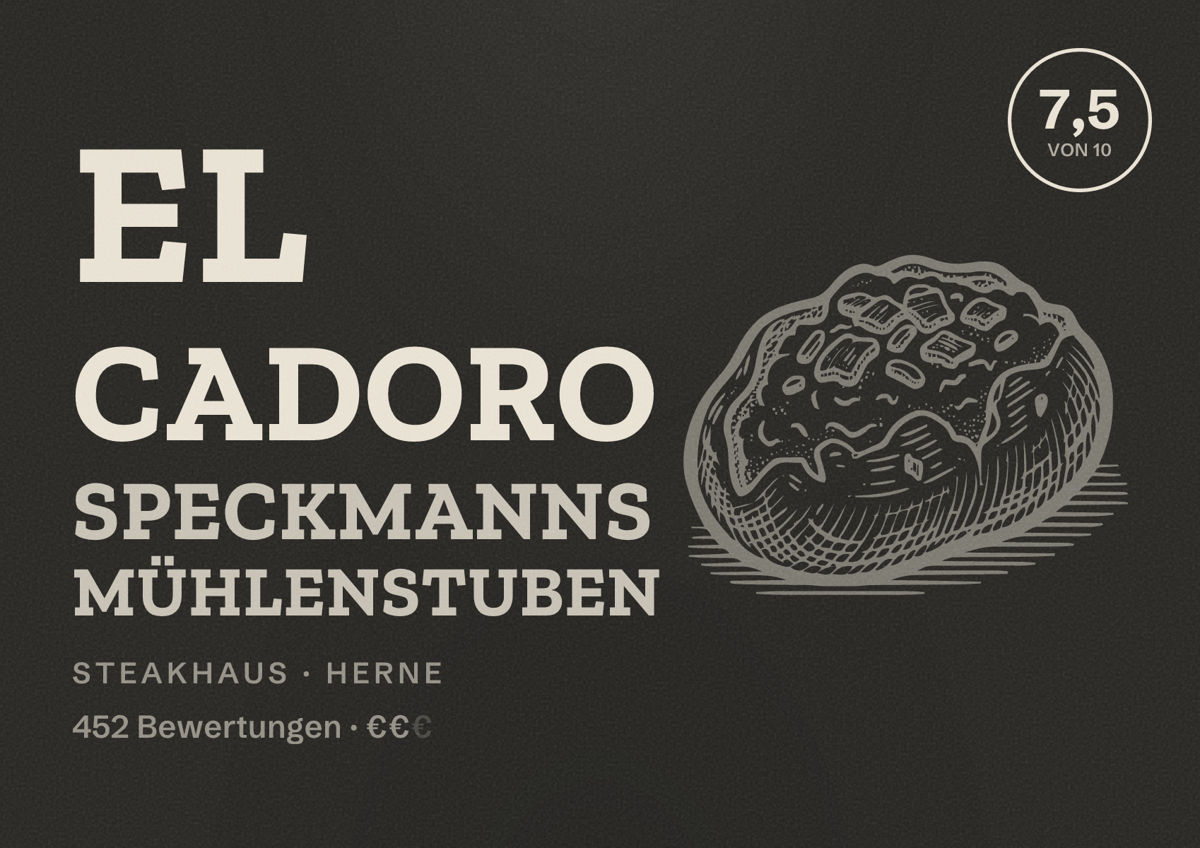 Illustriertes Poster von EL CADORO Speckmanns Mühlenstuben, Steakhaus in Herne: Bewertung 7,5 von 10 aus 452 Bewertungen, Preisniveau €€
