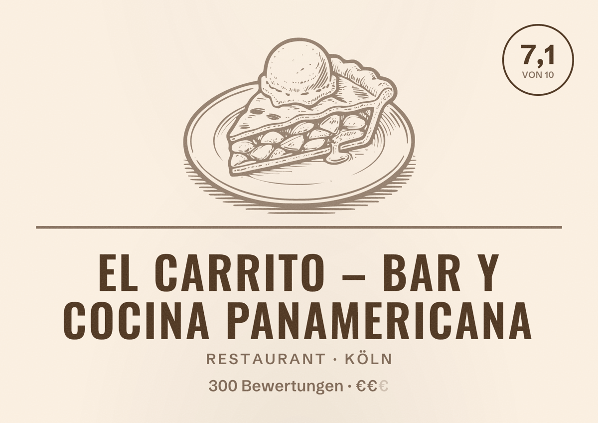 Illustriertes Poster von EL CARRITO – Bar y Cocina Panamericana, Restaurant in Köln: Bewertung 7,1 von 10 aus 300 Bewertungen, Preisniveau €€