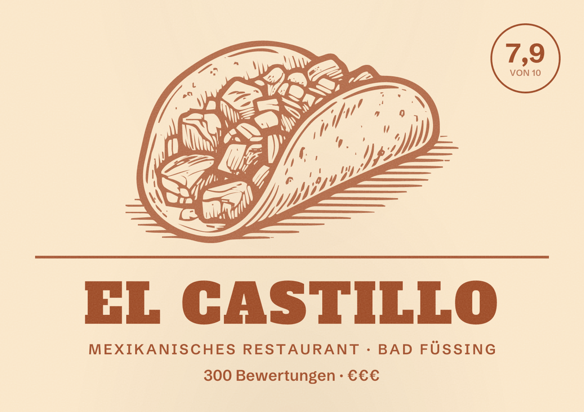 Illustriertes Poster von El Castillo, Mexikanisches Restaurant in Bad Füssing: Bewertung 7,9 von 10 aus 300 Bewertungen, Preisniveau €€€