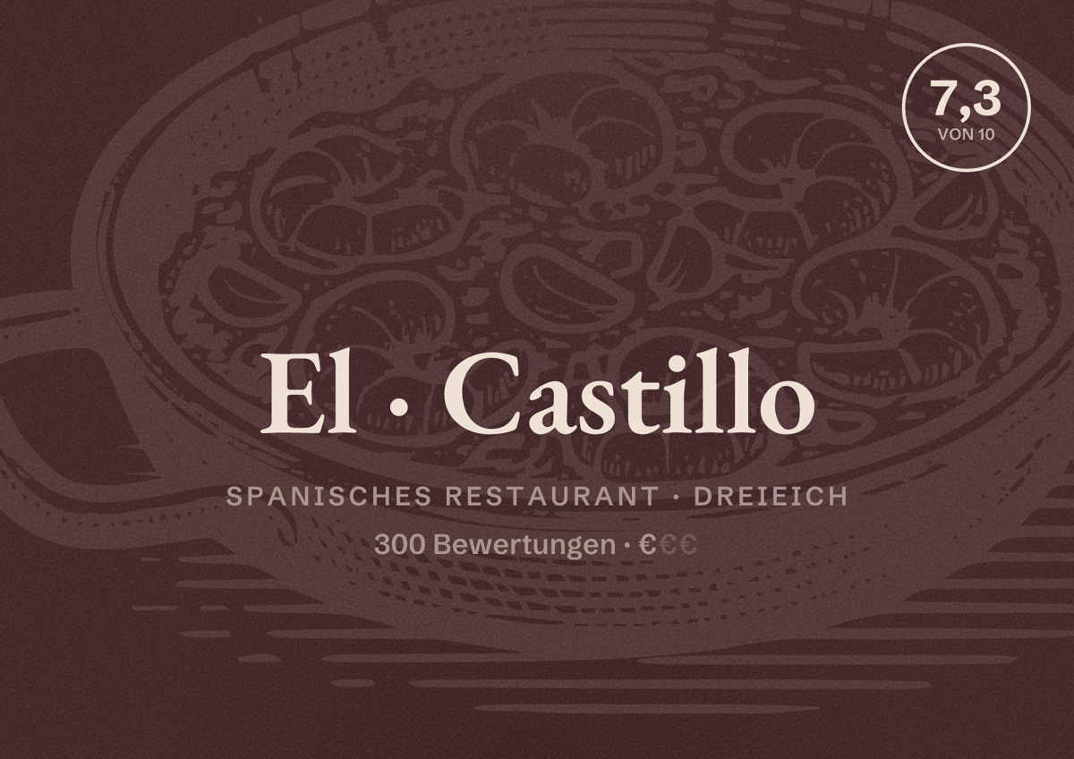 Illustriertes Poster von El Castillo, Spanisches Restaurant in Dreieich: Bewertung 7,3 von 10 aus 300 Bewertungen, Preisniveau €