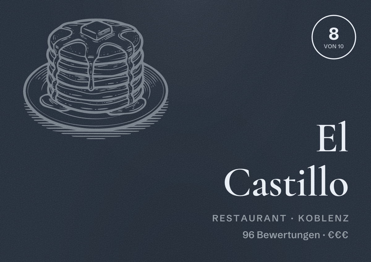 Illustriertes Poster von El Castillo, Restaurant in Koblenz: Bewertung 8 von 10 aus 96 Bewertungen, Preisniveau €€€