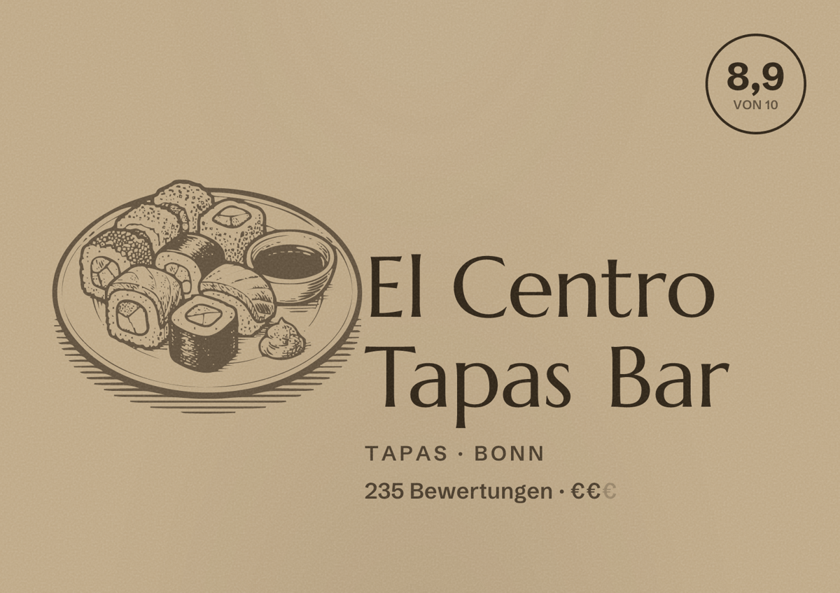 Illustriertes Poster von El Centro Tapas Bar, Tapas in Bonn: Bewertung 8,9 von 10 aus 235 Bewertungen, Preisniveau €€
