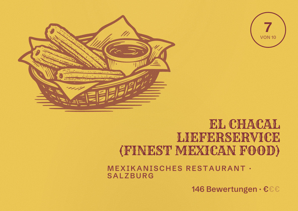 Illustriertes Poster von EL CHACAL LIEFERSERVICE (FINEST MEXICAN FOOD), Mexikanisches Restaurant in Salzburg: Bewertung 7 von 10 aus 146 Bewertungen, Preisniveau €
