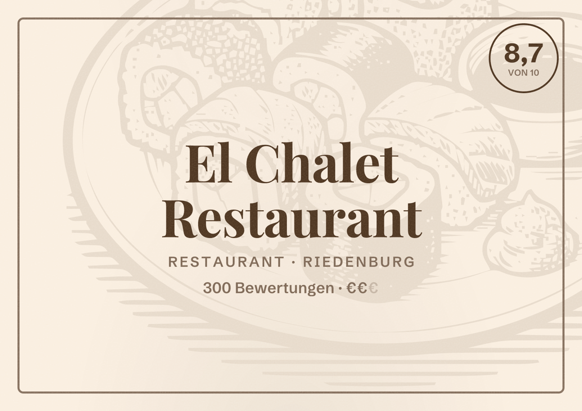 Illustriertes Poster von El Chalet Restaurant, Restaurant in Riedenburg: Bewertung 8,7 von 10 aus 300 Bewertungen, Preisniveau €€