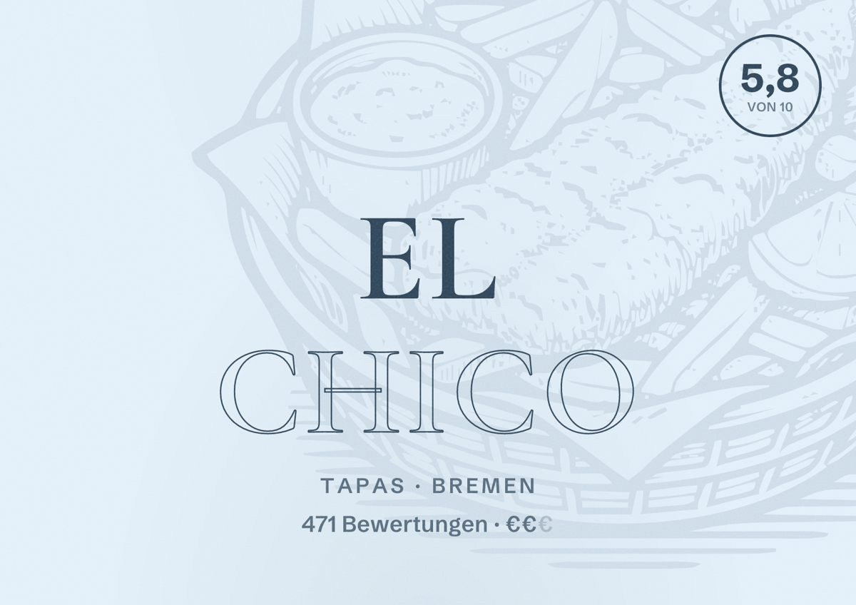 Illustriertes Poster von el Chico, Tapas in Bremen: Bewertung 5,8 von 10 aus 471 Bewertungen, Preisniveau €€