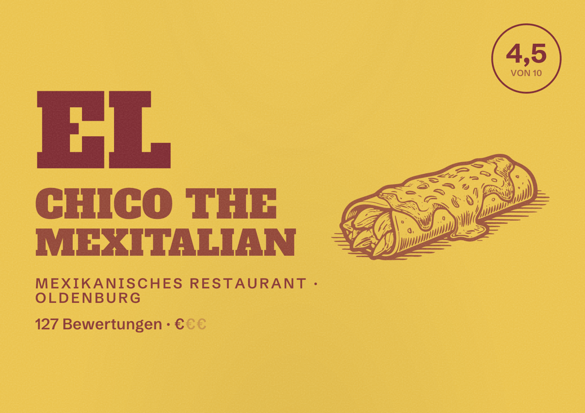 Illustriertes Poster von El Chico The Mexitalian, Mexikanisches Restaurant in Oldenburg: Bewertung 4,5 von 10 aus 127 Bewertungen, Preisniveau €