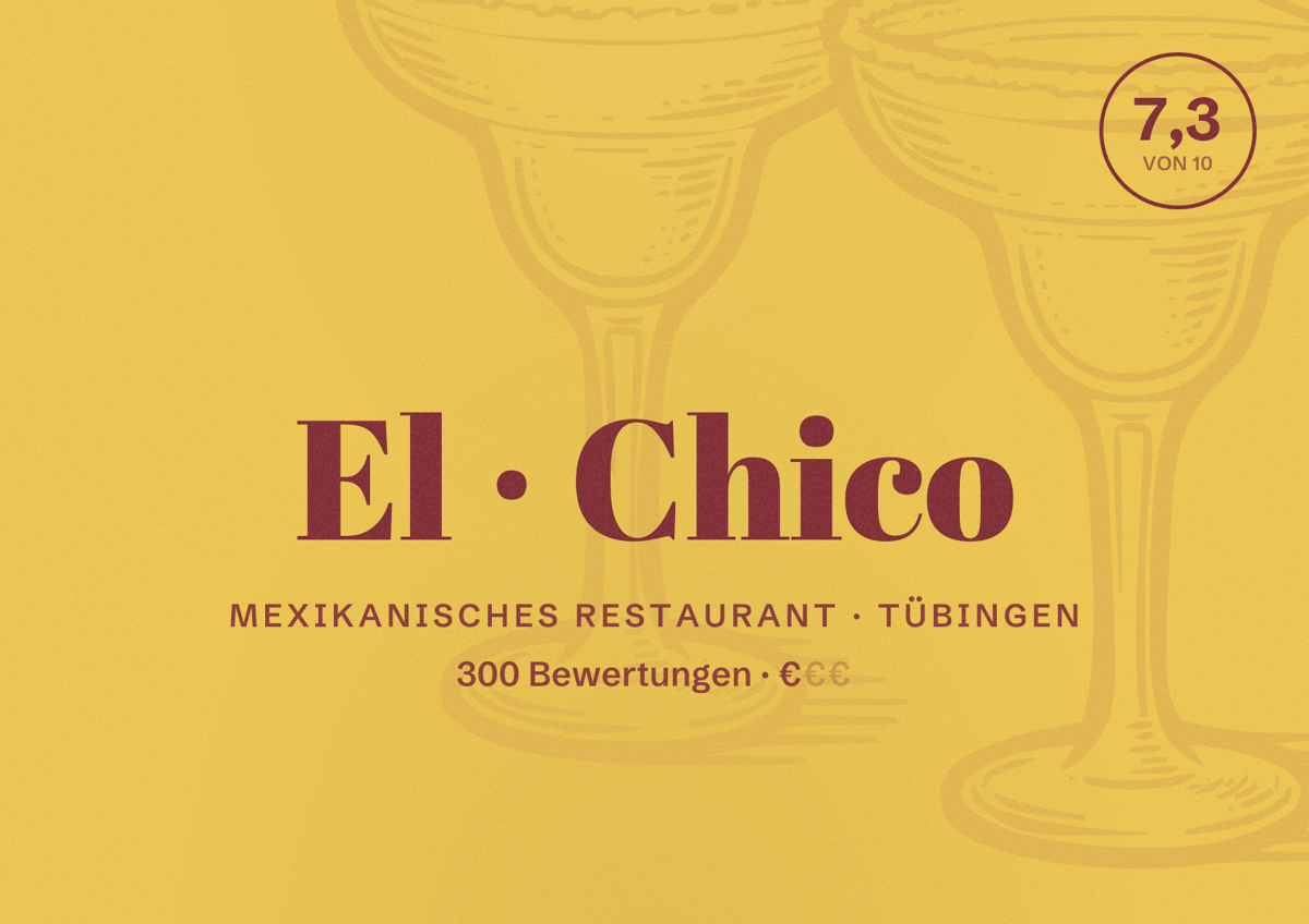 Illustriertes Poster von El Chico, Mexikanisches Restaurant in Tübingen: Bewertung 7,3 von 10 aus 300 Bewertungen, Preisniveau €