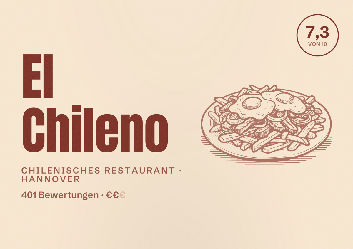 Illustriertes Poster von El Chileno, Chilenisches Restaurant in Hannover: Bewertung 7,3 von 10 aus 401 Bewertungen, Preisniveau €€