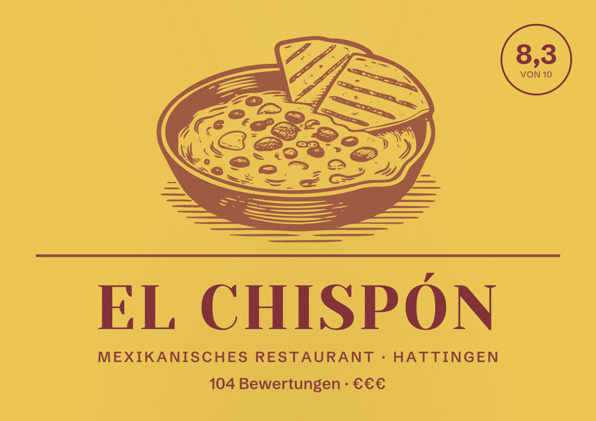 Illustriertes Poster von El Chispón, Mexikanisches Restaurant in Hattingen: Bewertung 8,3 von 10 aus 104 Bewertungen, Preisniveau €€€