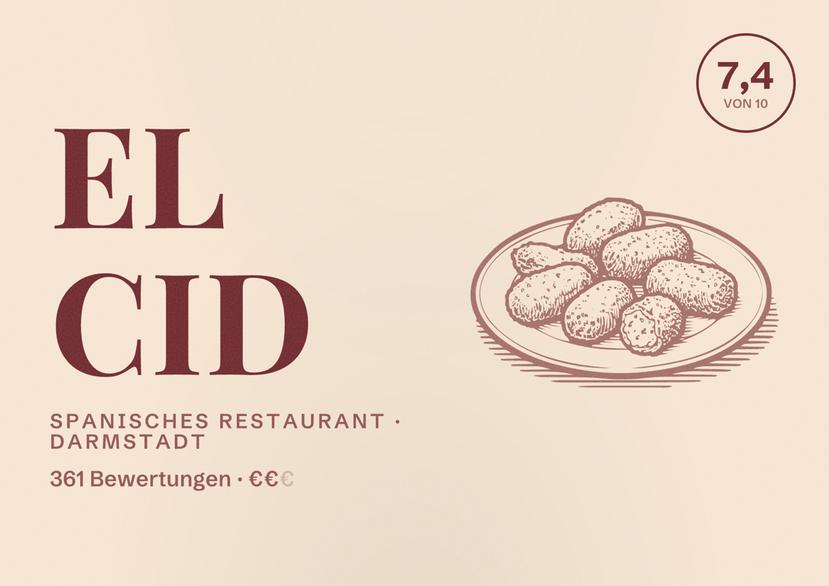Illustriertes Poster von El Cid, Spanisches Restaurant in Darmstadt: Bewertung 7,4 von 10 aus 361 Bewertungen, Preisniveau €€