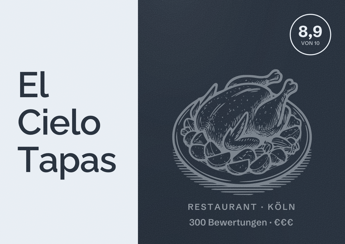 Illustriertes Poster von El Cielo Tapas, Restaurant in Köln: Bewertung 8,9 von 10 aus 300 Bewertungen, Preisniveau €€€