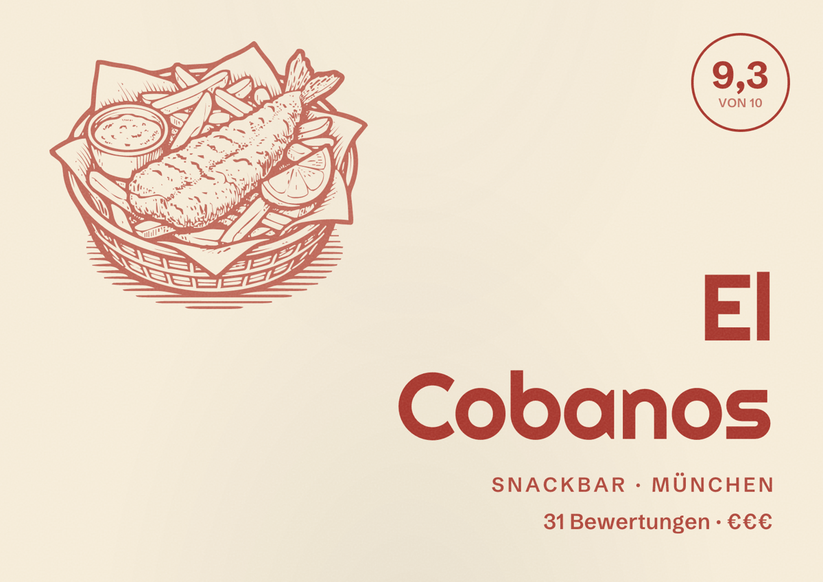Illustriertes Poster von El Cobanos, Snackbar in München: Bewertung 9,3 von 10 aus 31 Bewertungen, Preisniveau €€€