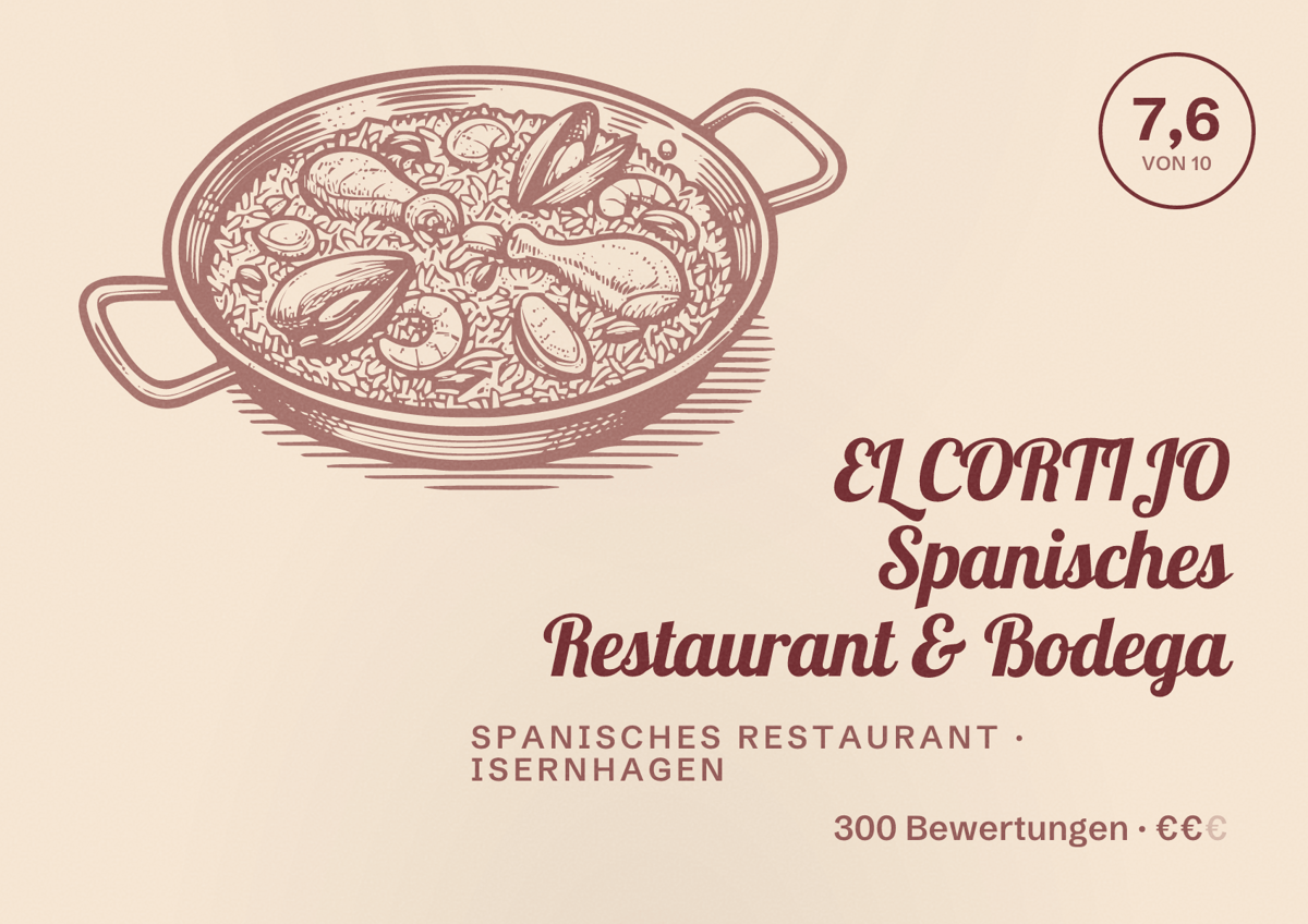 Illustriertes Poster von EL CORTIJO Spanisches Restaurant & Bodega, Spanisches Restaurant in Isernhagen: Bewertung 7,6 von 10 aus 300 Bewertungen, Preisniveau €€