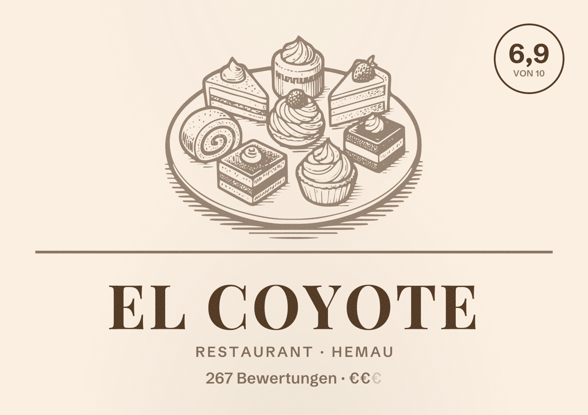 Illustriertes Poster von El Coyote, Restaurant in Hemau: Bewertung 6,9 von 10 aus 267 Bewertungen, Preisniveau €€