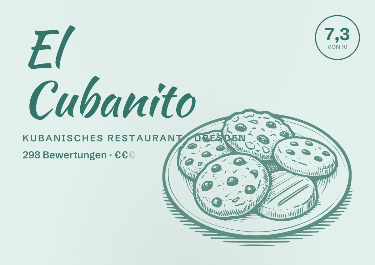 Illustriertes Poster von El Cubanito, Kubanisches Restaurant in Dresden: Bewertung 7,3 von 10 aus 298 Bewertungen, Preisniveau €€