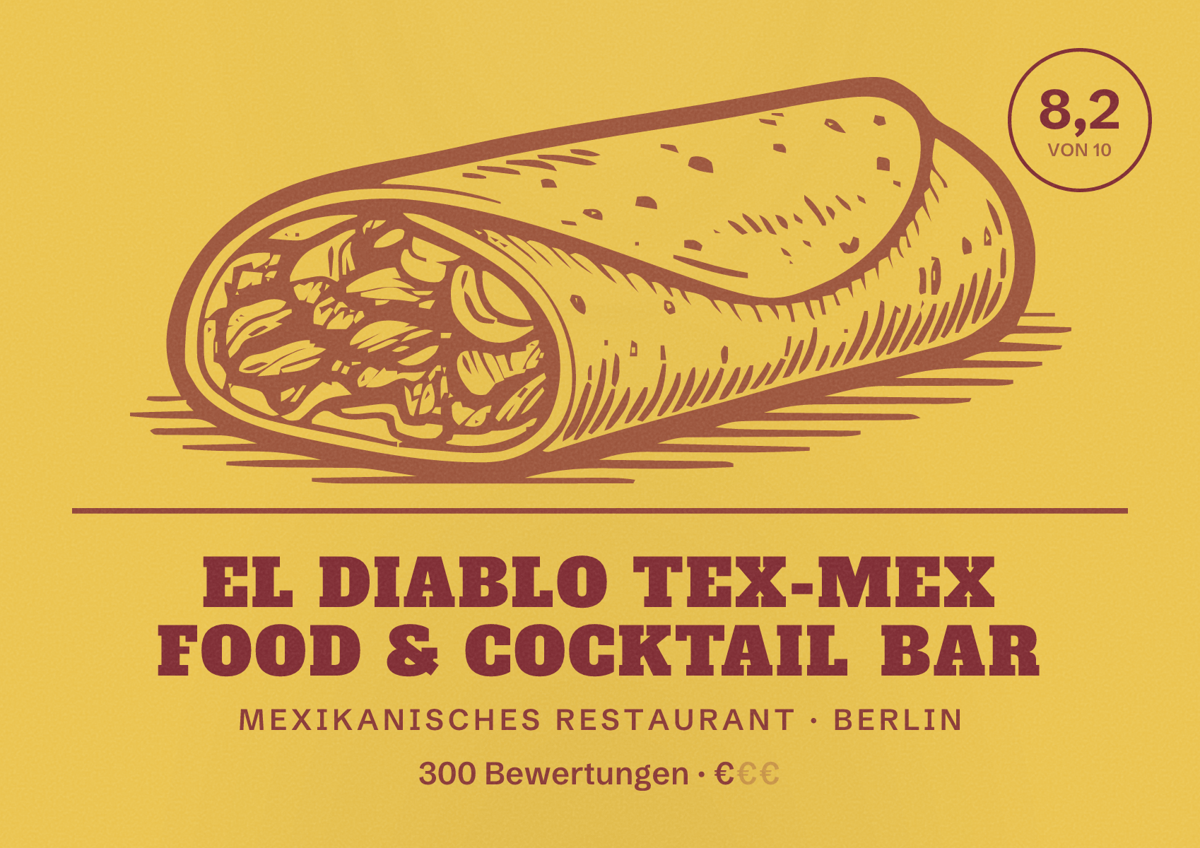 Illustriertes Poster von EL Diablo Tex-Mex Food & Cocktail Bar, Mexikanisches Restaurant in Berlin: Bewertung 8,2 von 10 aus 300 Bewertungen, Preisniveau €