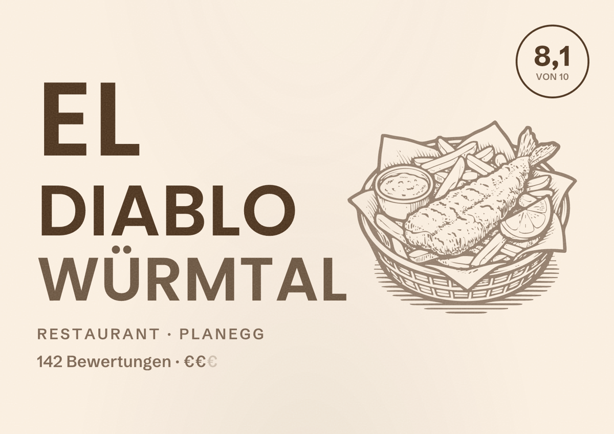 Illustriertes Poster von El Diablo Würmtal, Restaurant in Planegg: Bewertung 8,1 von 10 aus 142 Bewertungen, Preisniveau €€
