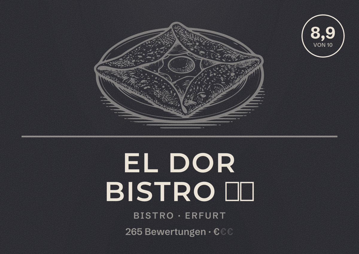 Illustriertes Poster von El Dor Bistro 🇱🇧, Bistro in Erfurt: Bewertung 8,9 von 10 aus 265 Bewertungen, Preisniveau €