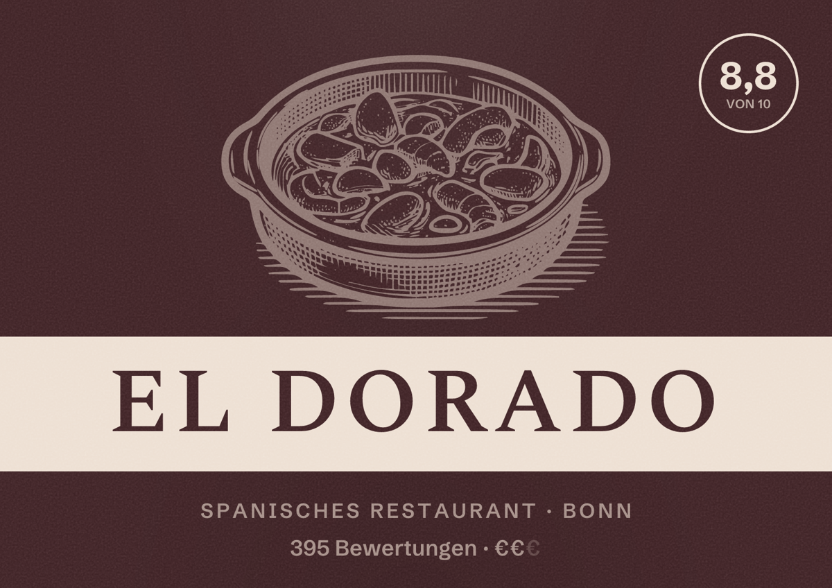Illustriertes Poster von El Dorado, Spanisches Restaurant in Bonn: Bewertung 8,8 von 10 aus 395 Bewertungen, Preisniveau €€