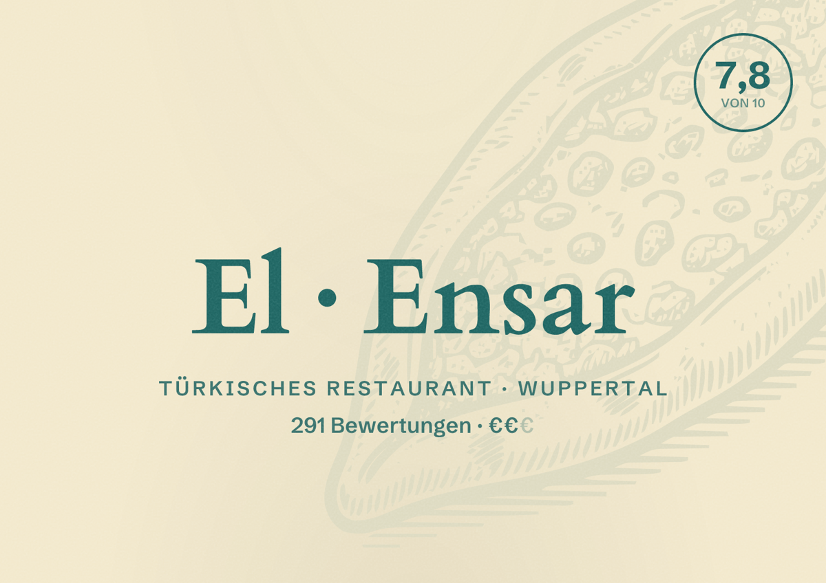 Illustriertes Poster von El Ensar, Türkisches Restaurant in Wuppertal: Bewertung 7,8 von 10 aus 291 Bewertungen, Preisniveau €€