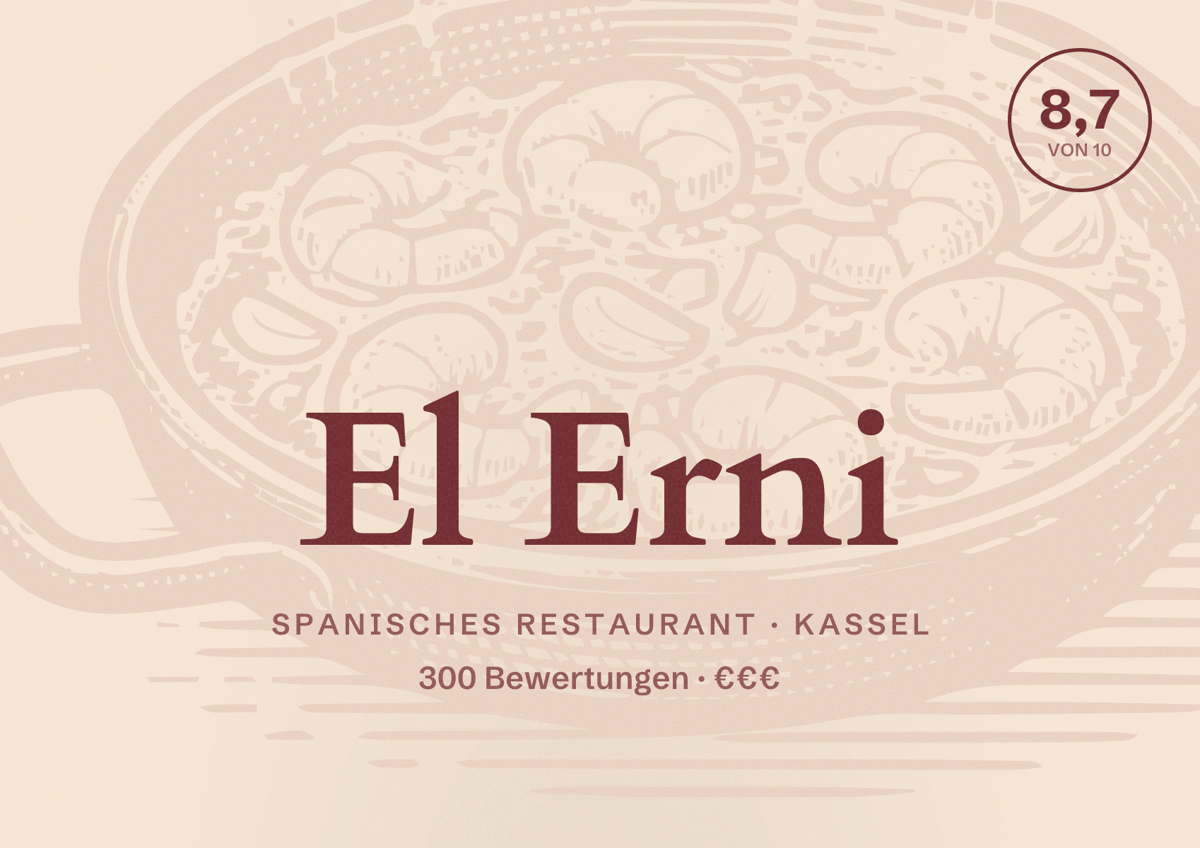 Illustriertes Poster von El Erni, Spanisches Restaurant in Kassel: Bewertung 8,7 von 10 aus 300 Bewertungen, Preisniveau €€€