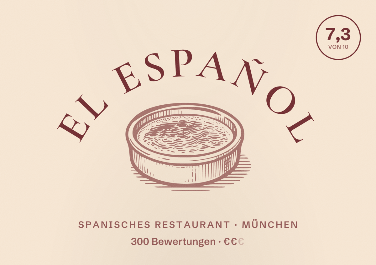 Illustriertes Poster von El Español, Spanisches Restaurant in München: Bewertung 7,3 von 10 aus 300 Bewertungen, Preisniveau €€