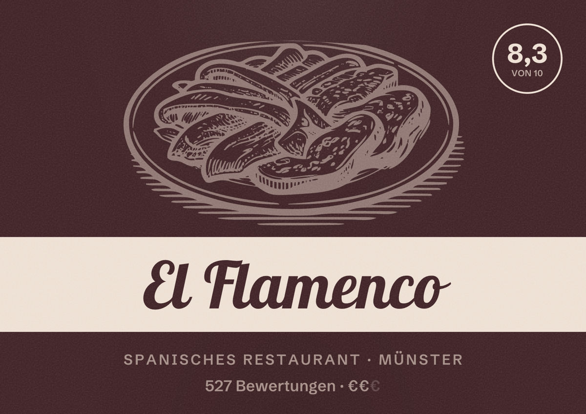 Illustriertes Poster von El Flamenco, Spanisches Restaurant in Münster: Bewertung 8,3 von 10 aus 527 Bewertungen, Preisniveau €€
