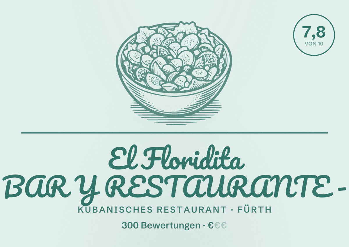 Illustriertes Poster von El Floridita BAR Y RESTAURANTE -, Kubanisches Restaurant in Fürth: Bewertung 7,8 von 10 aus 300 Bewertungen, Preisniveau €