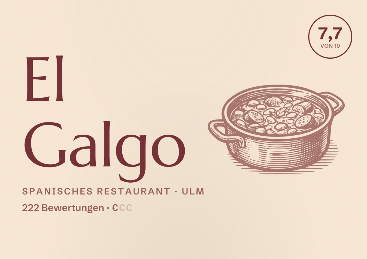Illustriertes Poster von El Galgo, Spanisches Restaurant in Ulm: Bewertung 7,7 von 10 aus 222 Bewertungen, Preisniveau €