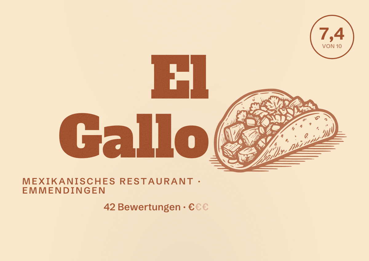 Illustriertes Poster von El Gallo, Mexikanisches Restaurant in Emmendingen: Bewertung 7,4 von 10 aus 42 Bewertungen, Preisniveau €